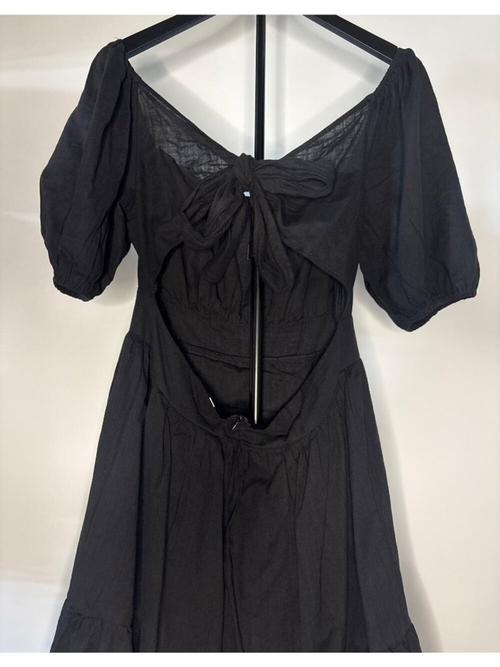 SHEIN Midi Black Backless Cut Out Puff Sleeve Tie Back Smocked Waist Ruffled Hem - Picture 8 of 16